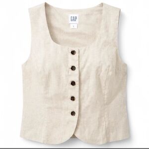 NWT Gap Linen Scoop Neck Vest Beige Button Down Tie Back Size Large